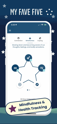 Screenshot of the Mindfulness screen within the My Fave 5 app. The screen displays a 5-pointed star shape with the top 3 points representing mindfulness medidation tracks to play.