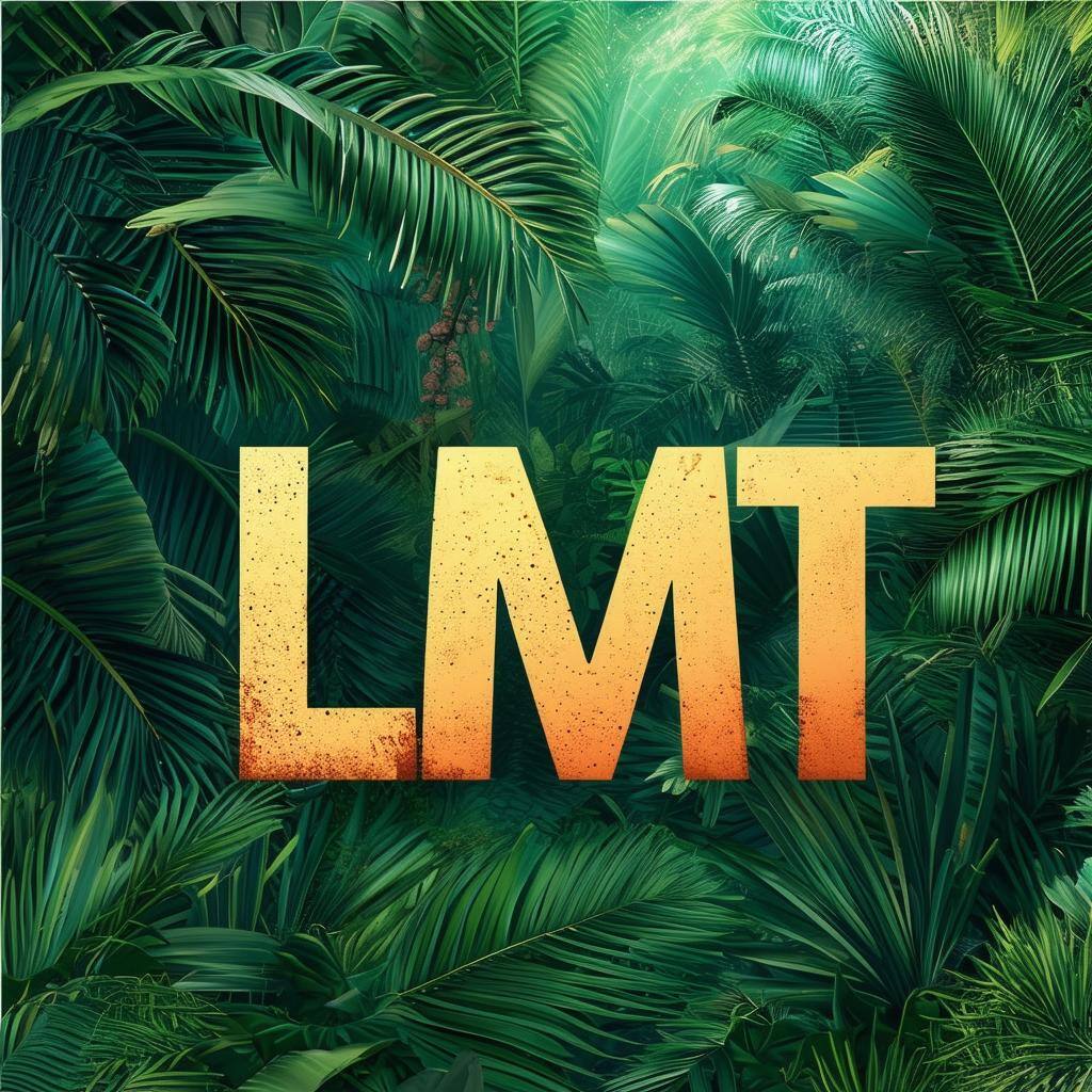A vibrant image featuring the bold, capital letters "LMT" in a distressed orange and yellow color gradient. The letters are centrally positioned and stand out against a backdrop of tightly packed, deep green palm leaves and other tropical plants, creating a jungle-like atmosphere.