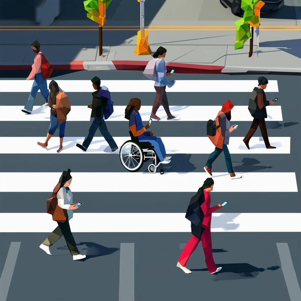 An image of an inclusive group of people crossing the street where the corner at the crosswalk of the curb is cut so wheelchair users can roll through