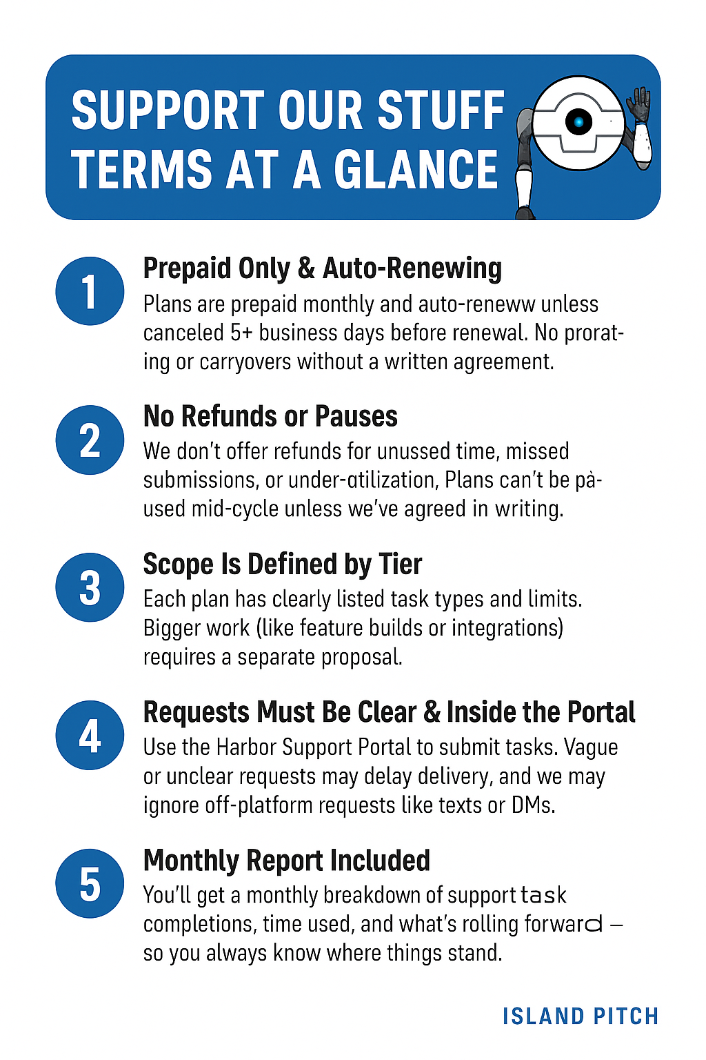 The top 5 bullets from your Terms of Service for Support Our Stuff, summarized for quick reference