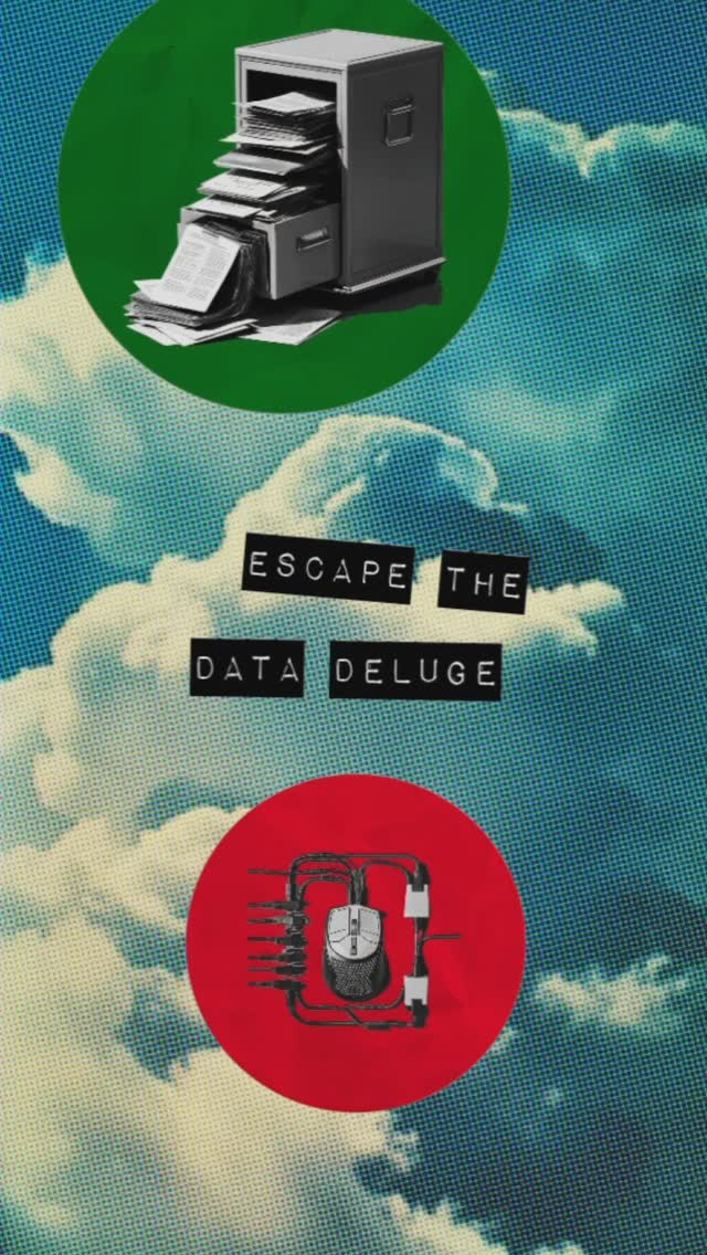 A chaotic two-drawer filing cabinet overflowing with papers and folders falling out an down. The filing cabinet is depicted on a green circle floating in the sky in the clouds above the words "Escape The Data Deluge"