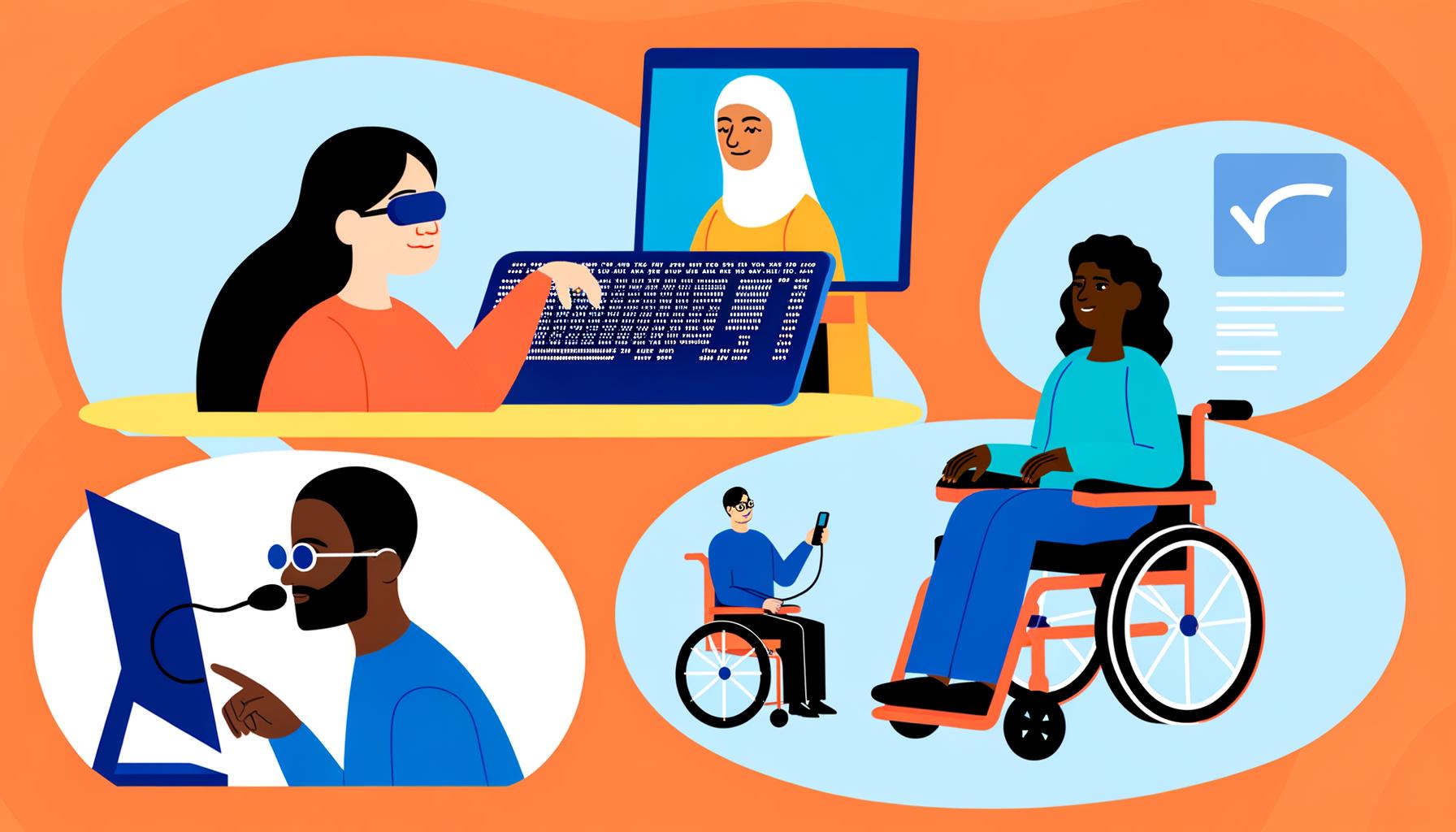 Abstract vector art representing people with disabilities interacting with technology in various forms.
